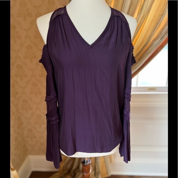 RAMY BROOK PLUM SILK V-neck Cold Shoulder sheer detail & bell sleeve top XS - Picture 1 of 8